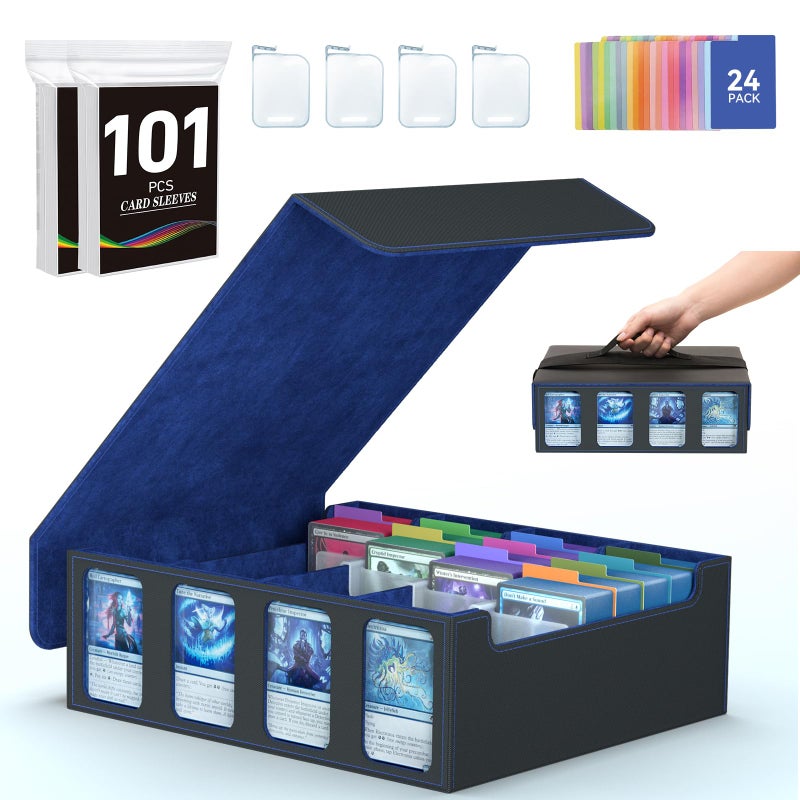 صندوق تخزين بطاقات التداول من SENVINI مكون من 4 صفوف حافظة بطاقات كبيرة لـ 3200+ Mtg tcg Magic Play Game Card Organizer Commander Deck Box مع 4 دعامات و24 فواصل وحزام و101 أكمام - Image 1